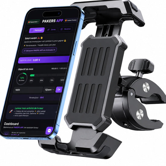 Support téléphone PAKERS en vidéo : verrou double, se fixe sur le guidon vélo, scooter, trottinette